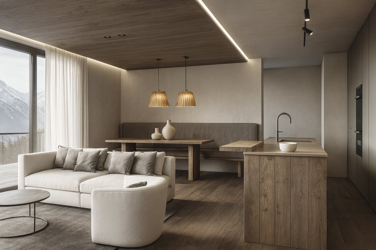 Rendering di un soggiorno con vista sulle Dolomiti
