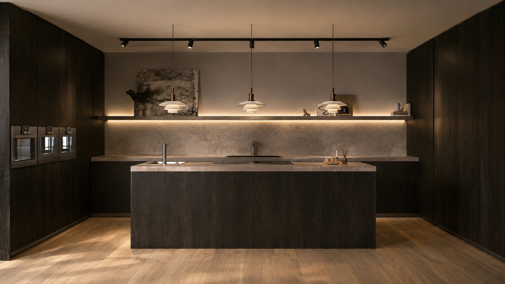 Cucina scura con isola in pietra