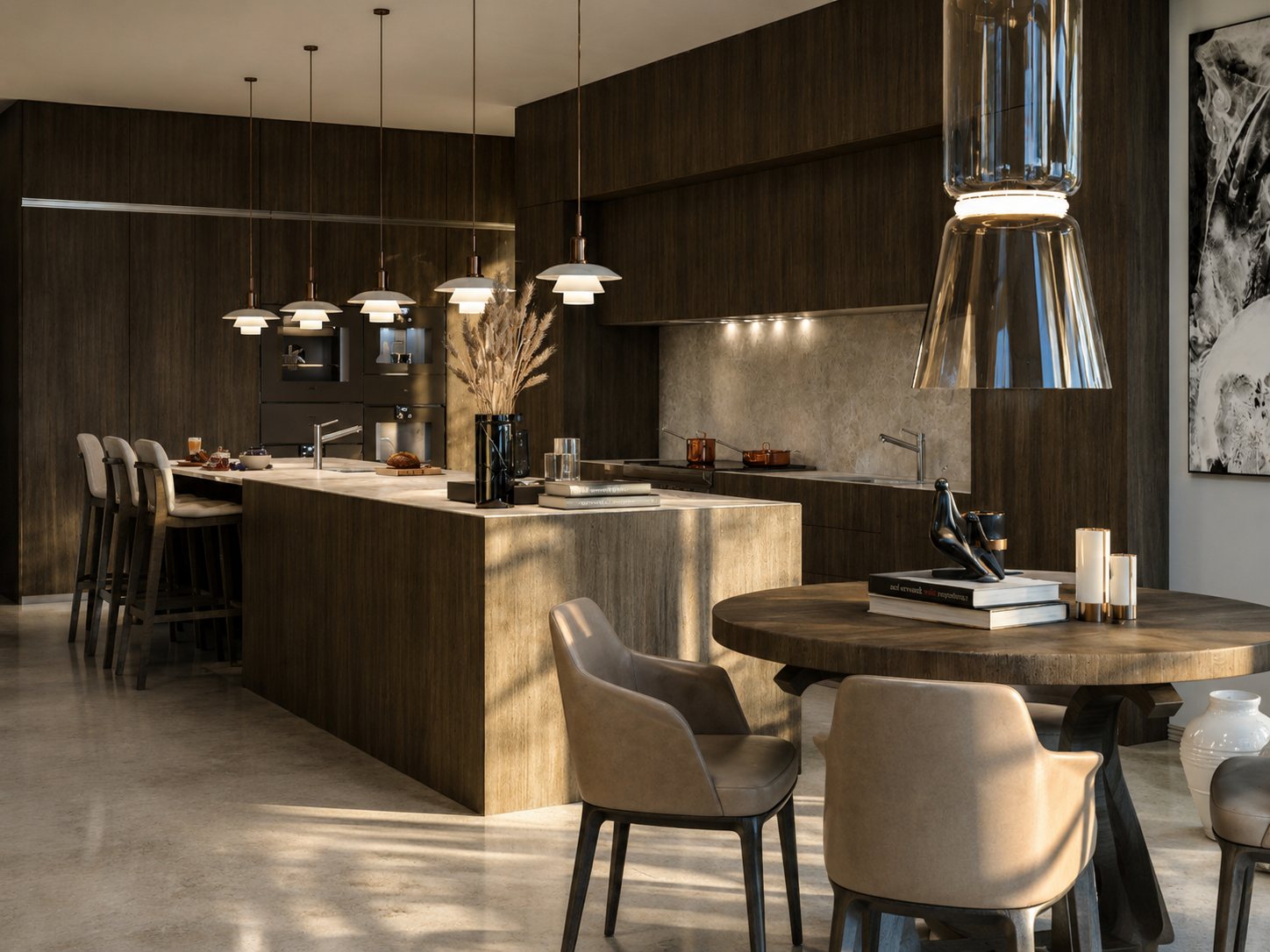 Cucina e pranzo, luce serale